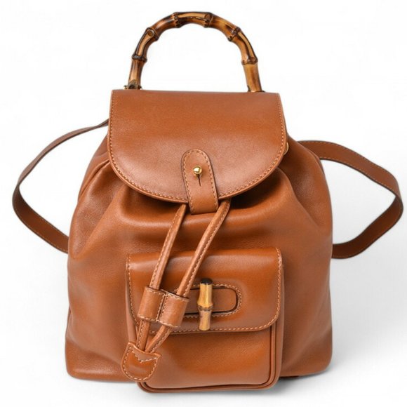 GUCCI Brown Leather Bamboo Backpack - Picture 1 of 16